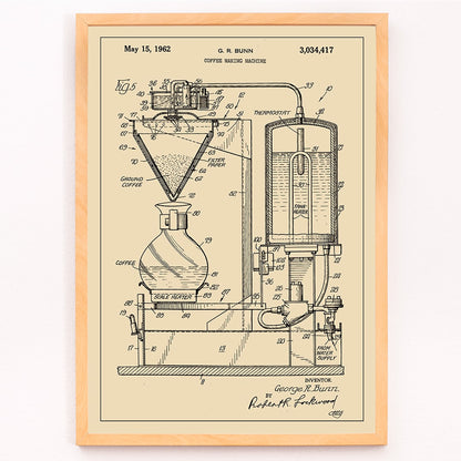 Technical diagram and poster of Coffee Making Machine by G R Bunn detailed drawing, framed and displayed in modern living room decor