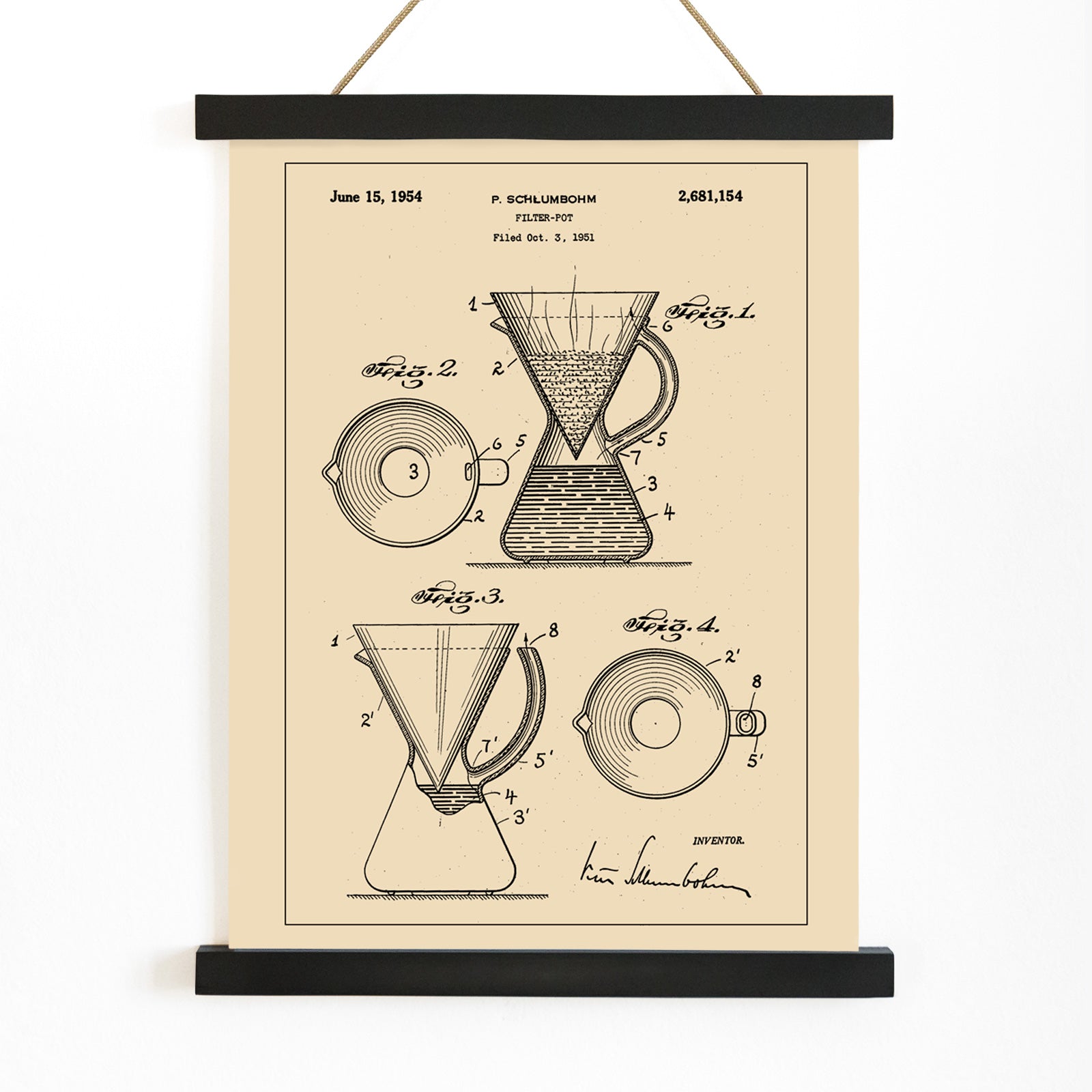 Vintage technical drawing and poster of coffee filter pot patent by P Schlumbohm with schematic and design details, with wooden magnetic frame on white background