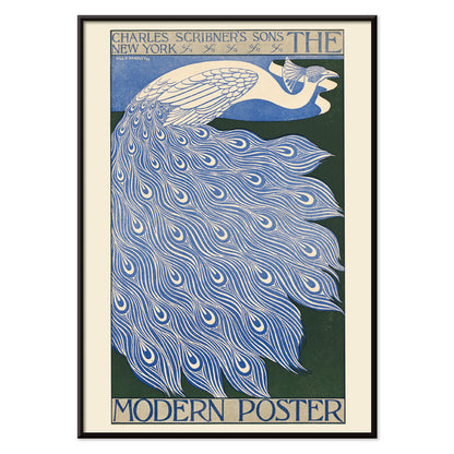 Elegant blue and white peacock with flowing feathers illustration from The Modern Poster by Will Bradley, with black aluminium frame on white background
