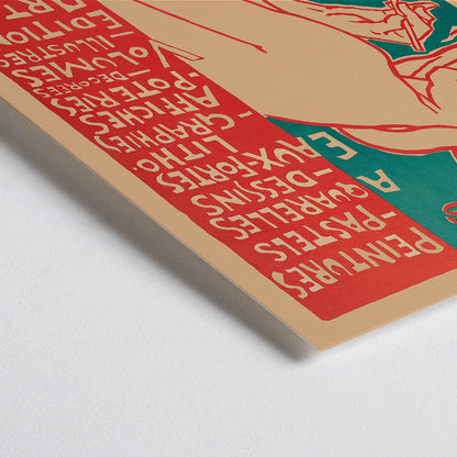 Closeup detail of Art Nouveau poster of a woman drawing by Emile Berchmans titled L Art Independant advertising various art forms Paris