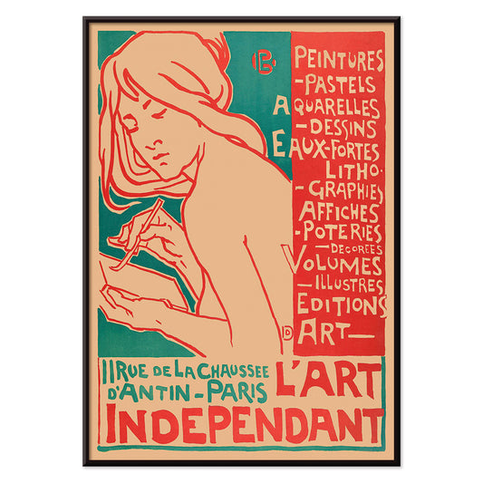 Art Nouveau poster of a woman drawing by Emile Berchmans titled L Art Independant advertising various art forms Paris, with black aluminium frame on white background