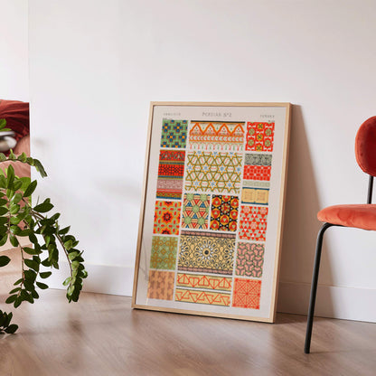 Poster of Persian 2 vintage pattern from Grammar of Ornament by Owen Jones with intricate and colorful geometric designs, framed and displayed in home decor