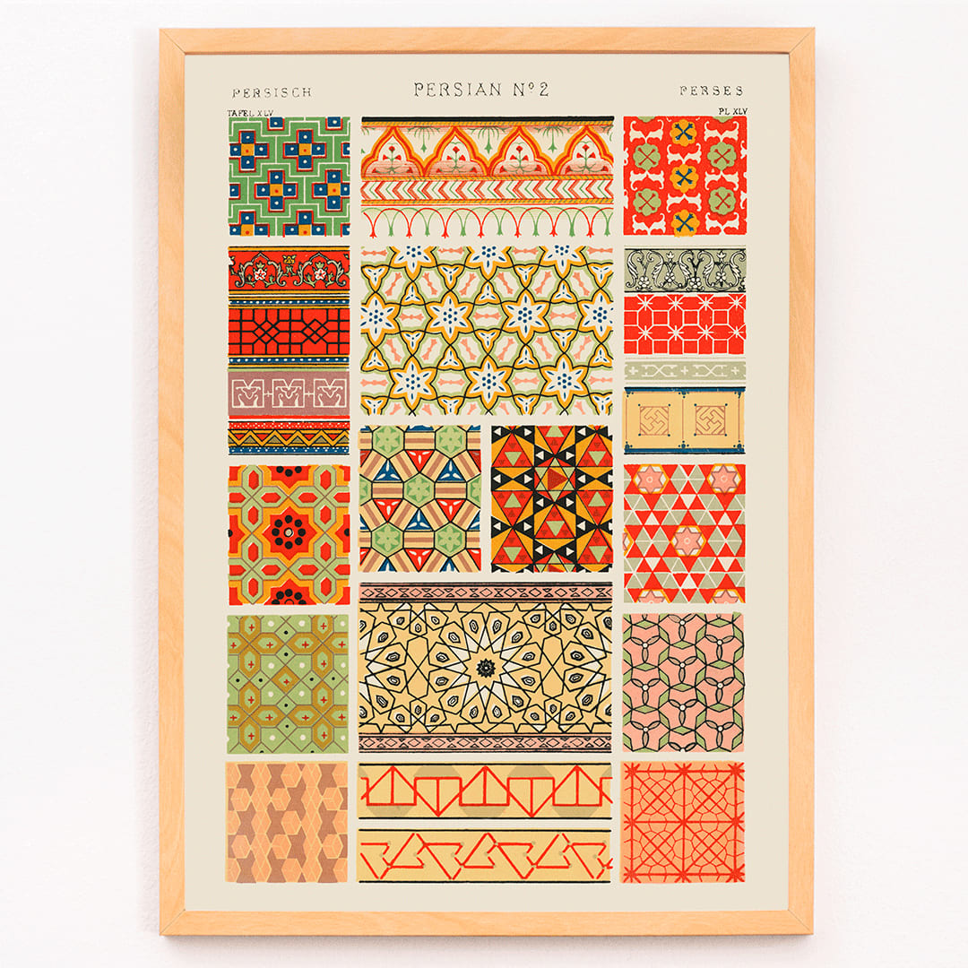 Poster of Persian 2 vintage pattern from Grammar of Ornament by Owen Jones with intricate and colorful geometric designs, framed and displayed in modern living room decor