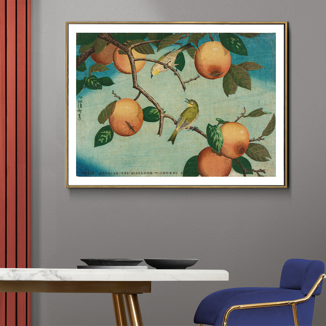 Two white eye birds on persimmon tree with ripe fruit artwork by Kobayashi Kiyochika Persimmons and White Eyes poster, framed and displayed in home decor