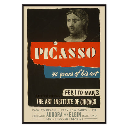 Vintage exhibition poster for Picasso 40 years of his art at Art Institute of Chicago featuring classical sculpture bold graphic text and sculpted head artwork, with black aluminium frame on white background
