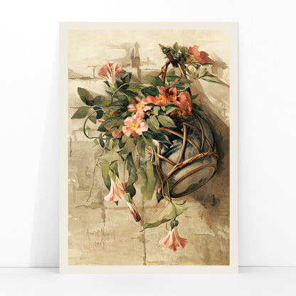 Pink flowers in a hanging vase still life painting by Annie Nowell featuring delicate blooms in a rustic container against a neutral background, framed and displayed in modern living room decor