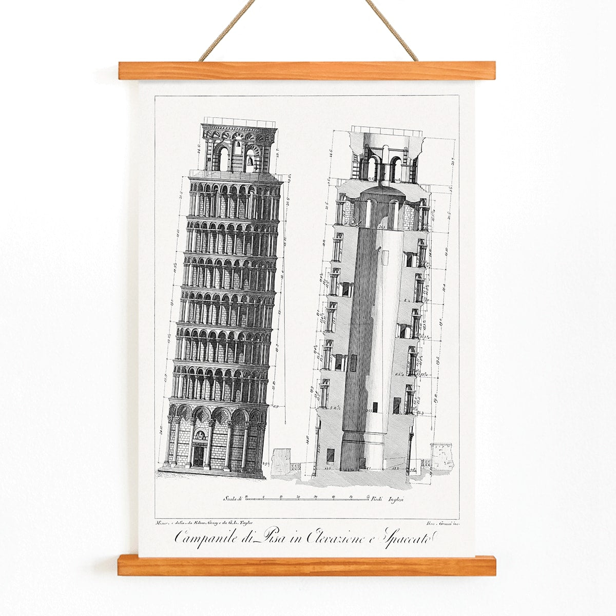 Architectural illustration and poster of the Leaning Tower of Pisa Campanile di Pisa by GL Taylor featuring elevations and section views, with wooden magnetic frame on white background