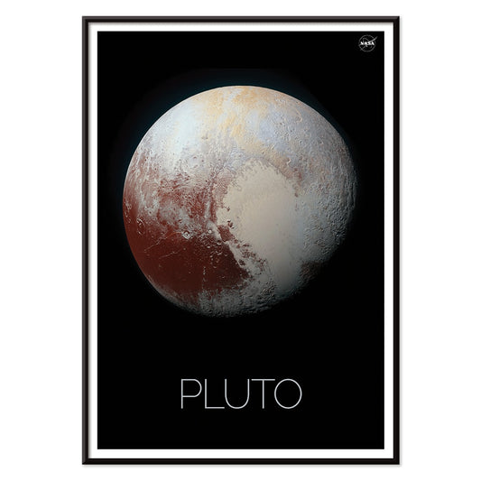 Pluto by NASA black framed poster featuring detailed surface textures, with black aluminium frame on white background