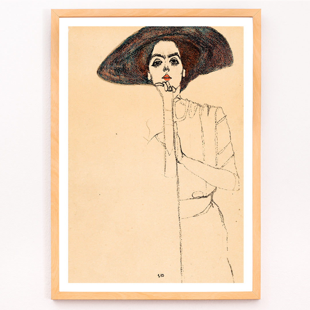 Closeup detail of Frauenbildnis II by Egon Schiele poster featuring a woman in a large hat expressive minimalistic line drawing on beige background