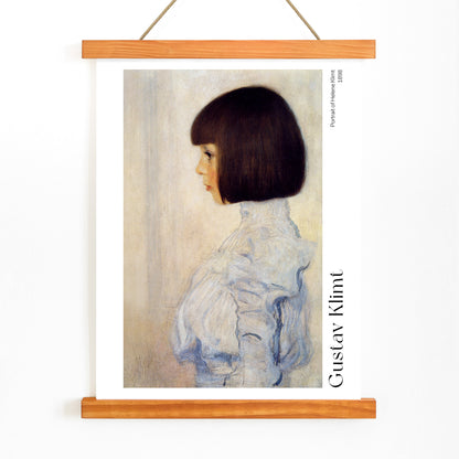 Side profile of young girl in white dress and blouse Portrait of Helene Klimt by Gustav Klimt poster, with wooden magnetic frame on white background