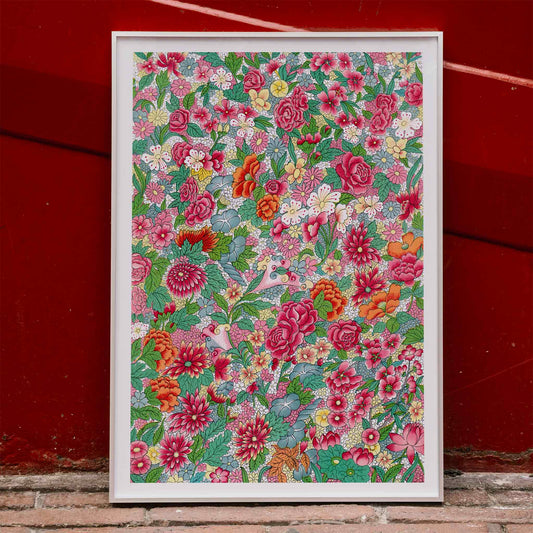 Vibrant floral pattern artwork by Owen Jones featuring intricate blossoms and foliage colorful flower design poster, framed and displayed in home decor