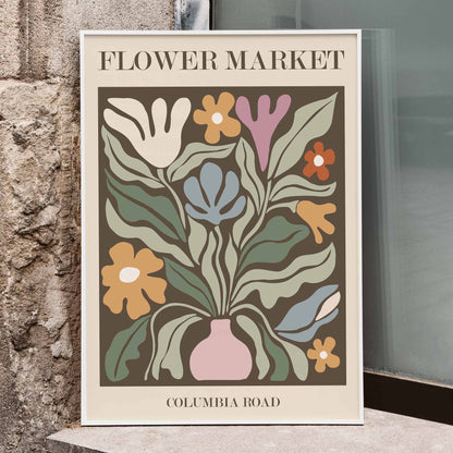 Colorful floral artwork poster Flower Market Columbia Road by Moryarty featuring abstract flowers in a vase, framed and displayed in home decor
