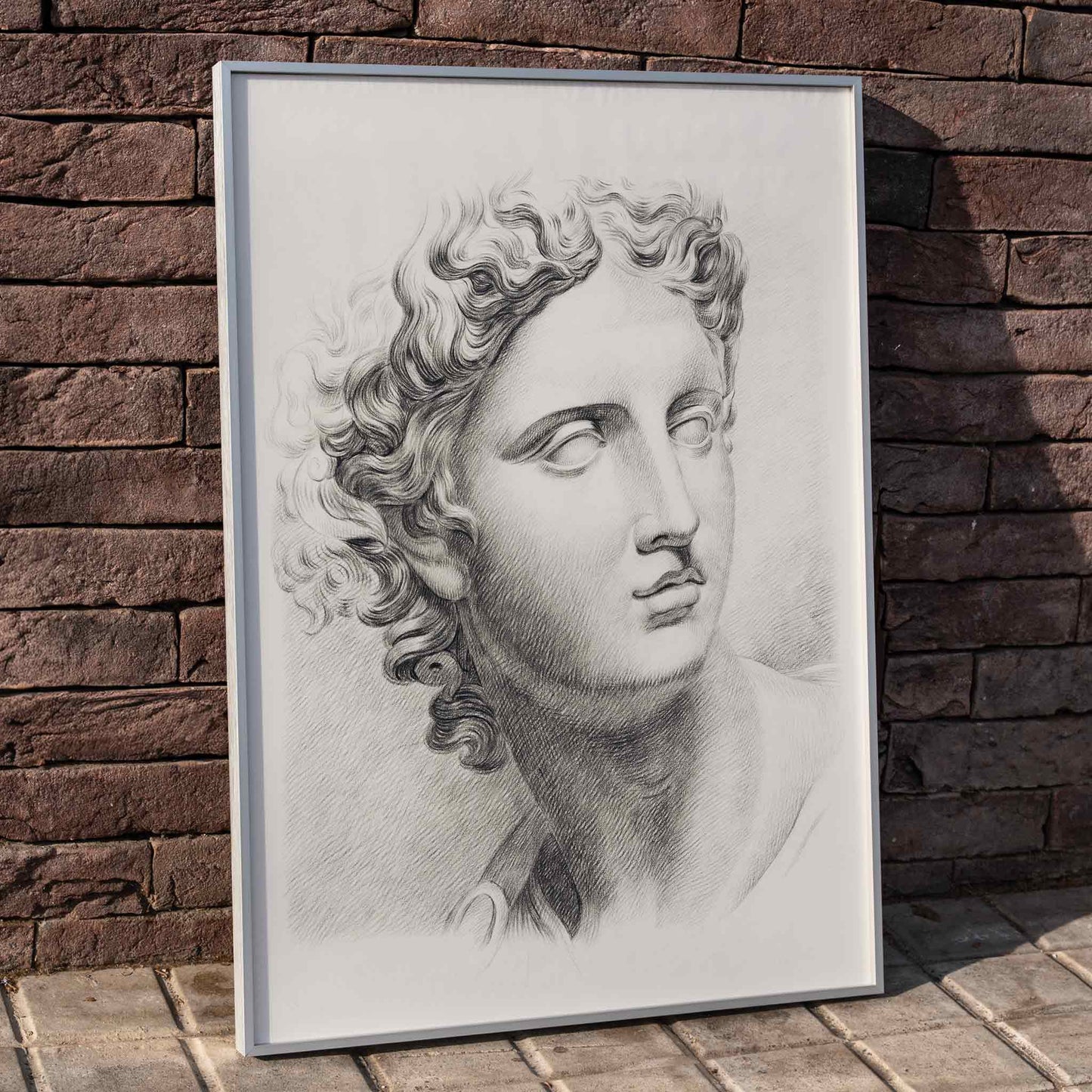 Academy study of a mans head after a plaster cast antique statue by Johannes Tavenraat detailed drawing and poster, framed and displayed in home decor