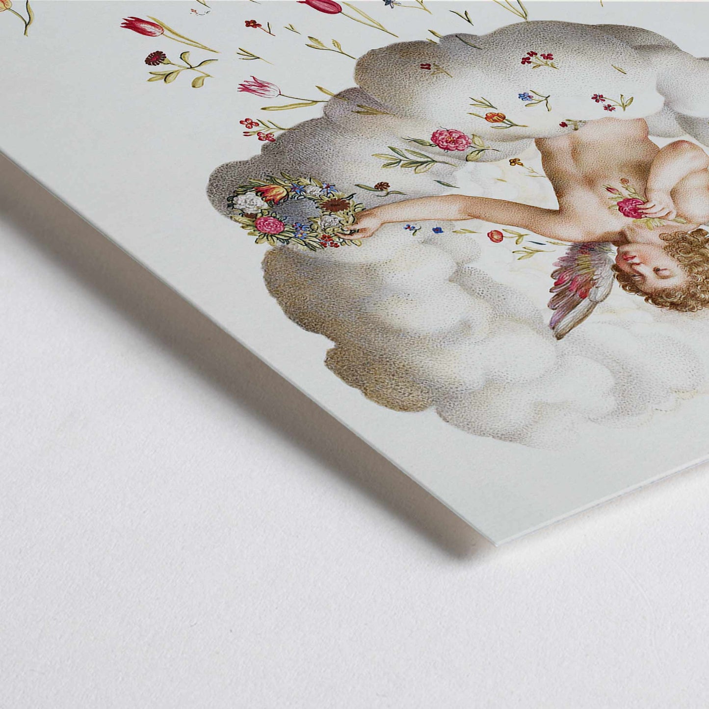 Closeup detail of Angel or cherub with wings sitting on a cloud scattering flowers La Guirlande de Julie illustration artwork poster