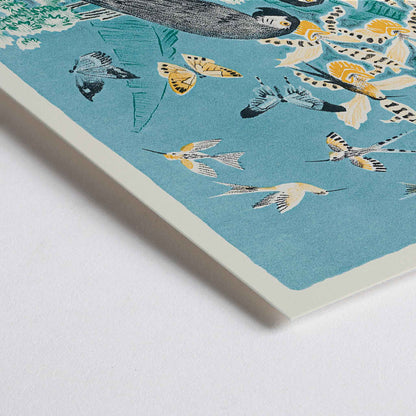 Closeup detail of Colorful parrots butterflies and birds in a lush tropical garden illustration from Douze contes de Paris et de Provence by Paul Arène