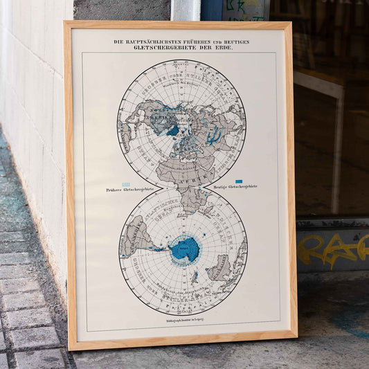 Vintage polar regions and glacier map illustrated artwork of Earth poles by Bibliographic institute of Liepzig, framed and displayed in home decor