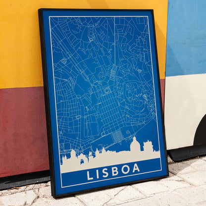 Minimalist Lisbon Map artwork in blue and white showing city map skyline and landmarks silhouette poster, framed and displayed in home decor
