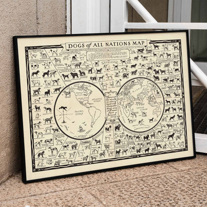 Dogs of All Nations Map by Frantz E illustrated poster featuring various dog breeds from around the world, framed and displayed in home decor