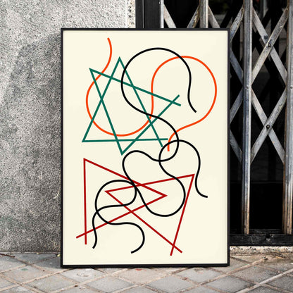 Abstract geometric and wavy lines artwork in green red orange and black by Myriam Thyes titled Lignes géométriques et ondoyantes, framed and displayed in home decor