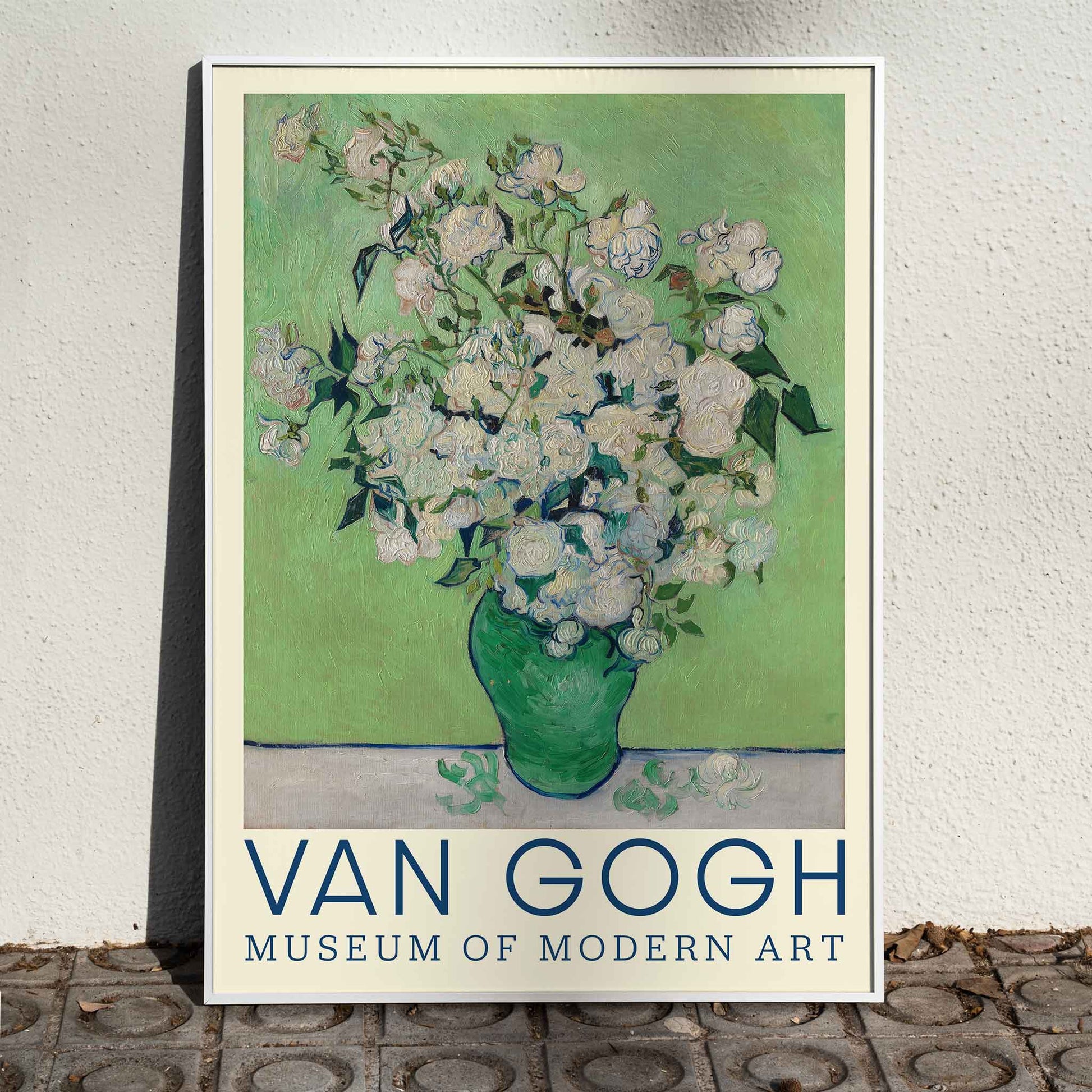 Roses by Vincent van Gogh bouquet of white roses in green vase soft green background Museum of Modern Art painting poster, framed and displayed in home decor
