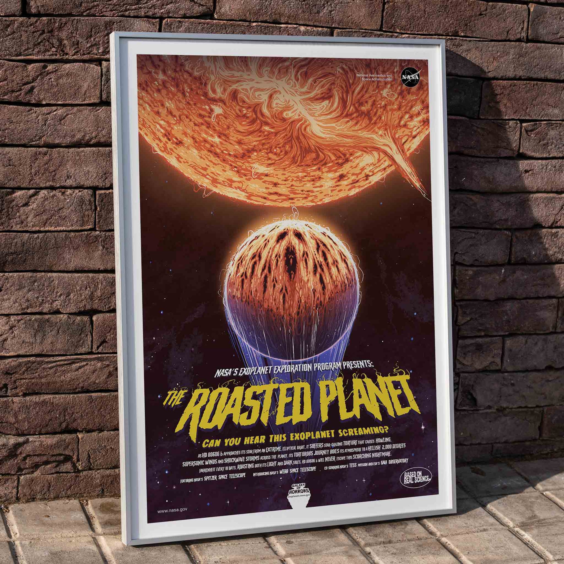 NASA poster of The Roasted Planet exoplanet being scorched by its star with vivid eruptions and a burning surface, framed and displayed in home decor