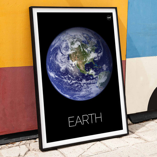 Stunning NASA image of Earth from space titled Earth from Space 1 on a black background poster, framed and displayed in home decor
