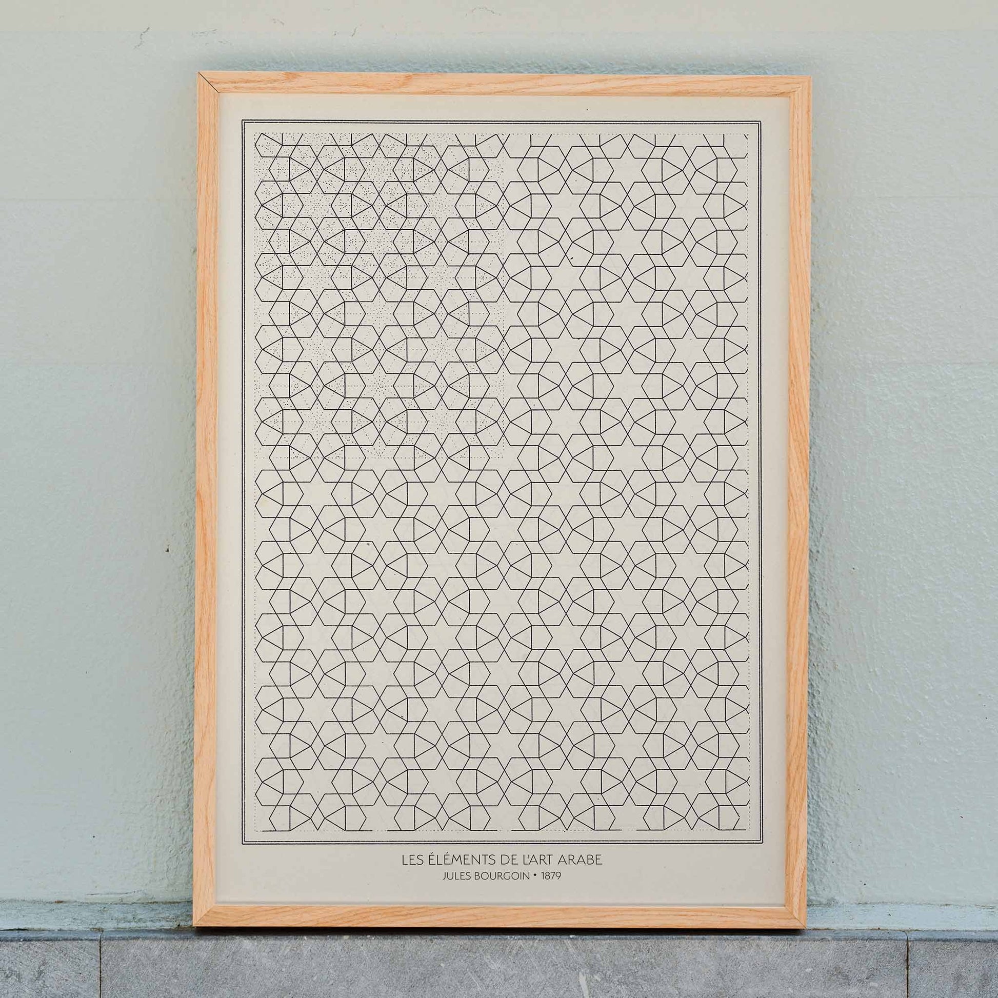 Geometric patterns and arabesque design from Les elements de l art arabe by Jules Bourgoin poster, framed and displayed in home decor