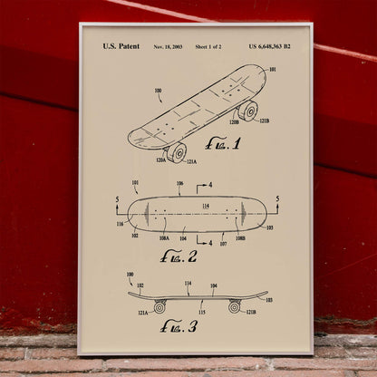 Skateboard patent drawing and technical poster by US Patents ideal wall art decor, framed and displayed in home decor