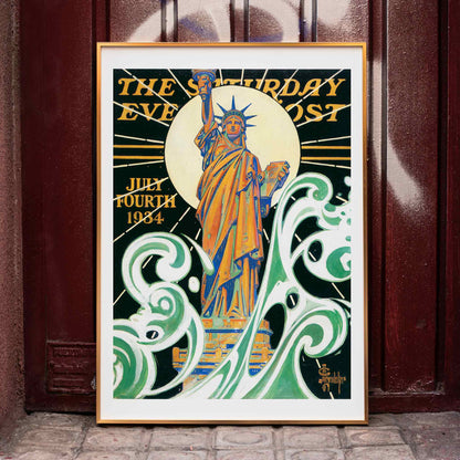 Colorful Statue of Liberty artwork with bold waves and sunburst by J C Leyendecker poster titled Statue of Liberty, framed and displayed in home decor