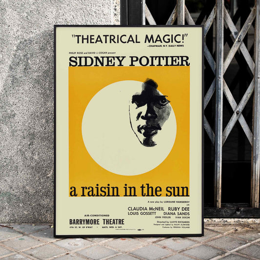 Theatrical poster for A Raisin in the Sun by Artcraft Lithograph featuring Sidney Poitier and a stylized face with text and theatrical information, framed and displayed in home decor