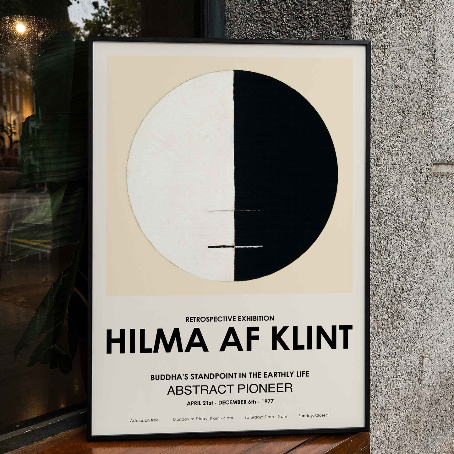 Exhibition poster Buddhas Standpoint in the Earthly Life by Hilma Af Klint featuring abstract black and white circle design artwork, framed and displayed in home decor