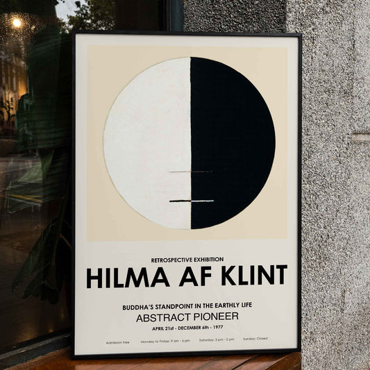 Exhibition poster Buddhas Standpoint in the Earthly Life by Hilma Af Klint featuring abstract black and white circle design artwork, framed and displayed in home decor