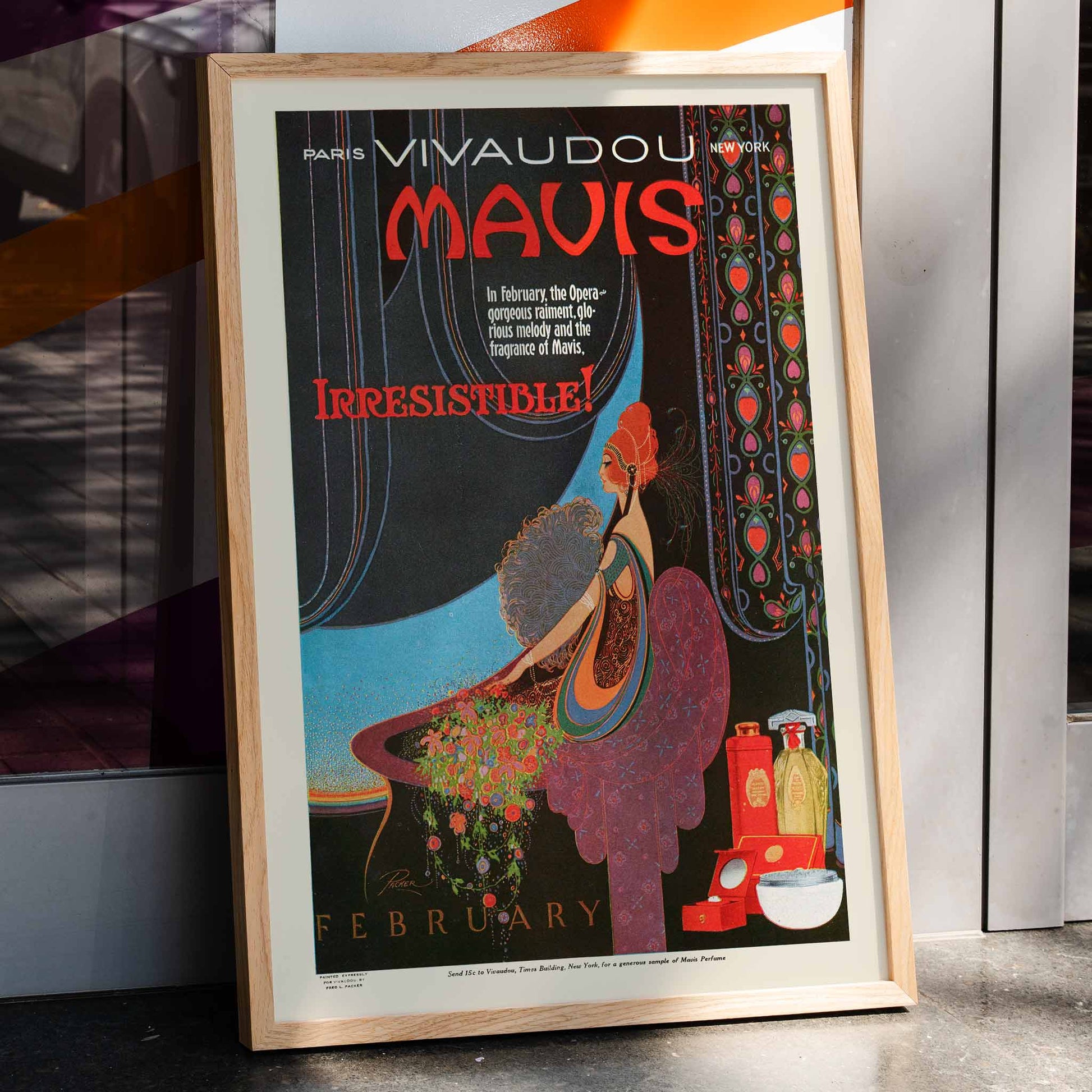 Elegant woman in art deco style with perfume bottles vibrant colors and wall decor poster for Mavis Irresistible by Fred L Parker, framed and displayed in home decor