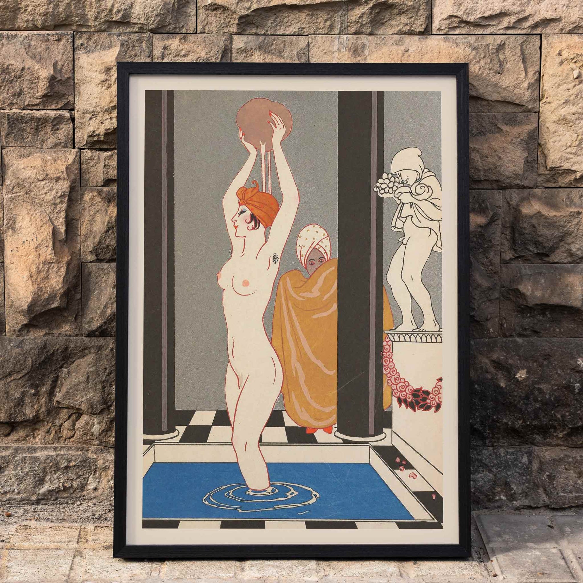 Art Deco woman bathing inspired by La Vasque by George Barbier with another figure in robe beside statue, framed and displayed in home decor