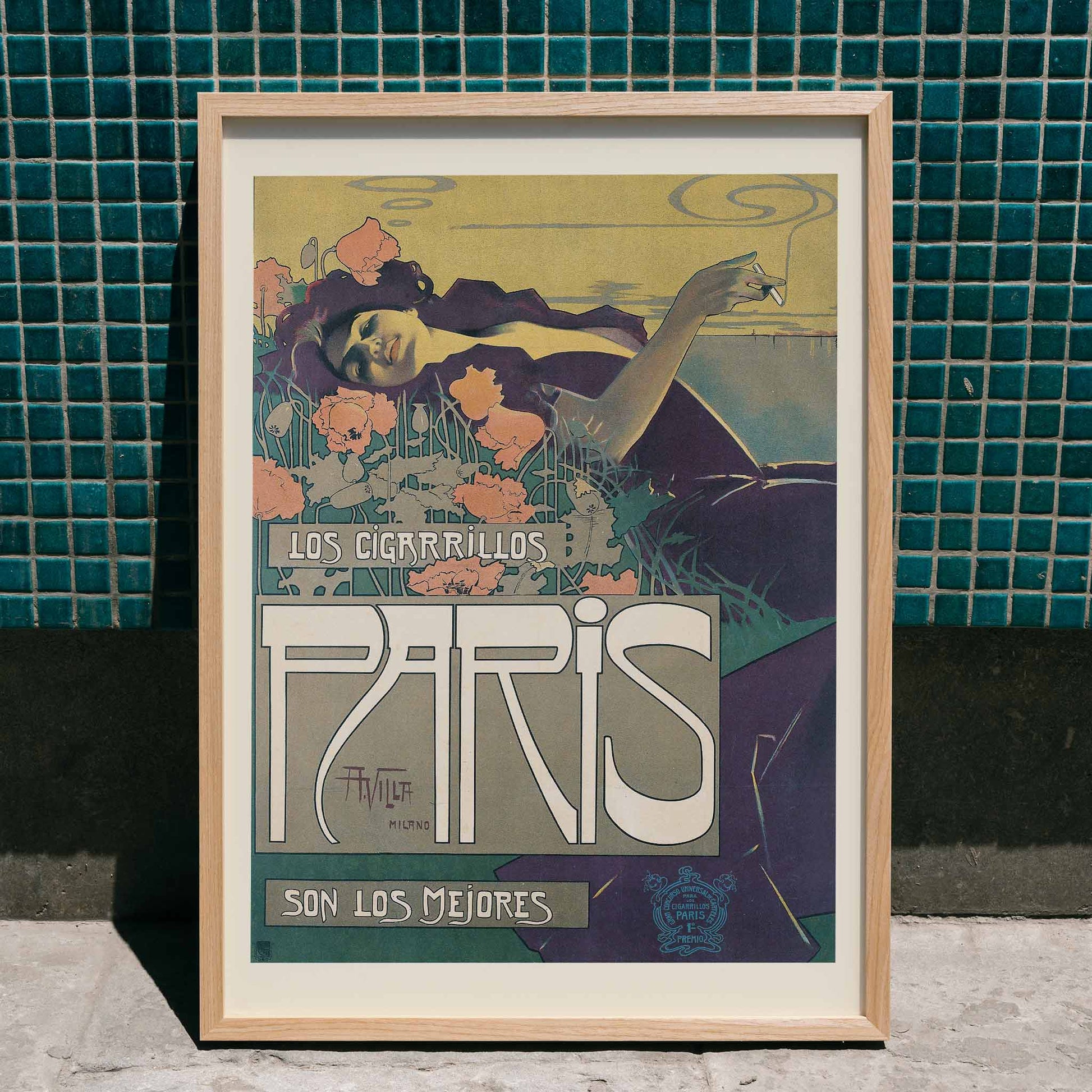 Reclining woman in a field with flowers smoking and advertising Cigarrillos Paris vintage poster artwork by Aleardo Villa, framed and displayed in home decor