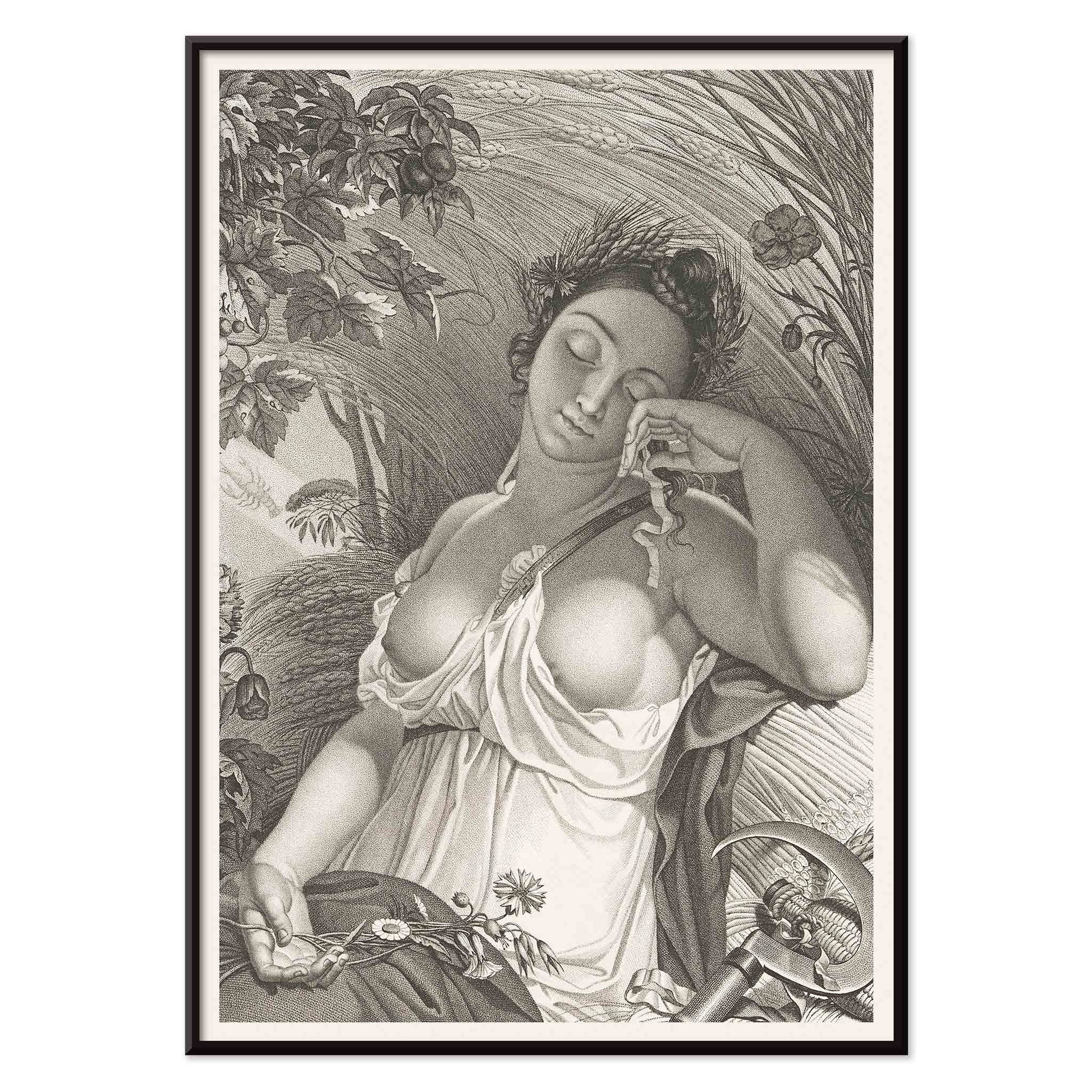 Sleeping Woman by Salvatore Tresca serene woman sleeping in a lush natural setting with flowers and wheat poster, with black aluminium frame on white background