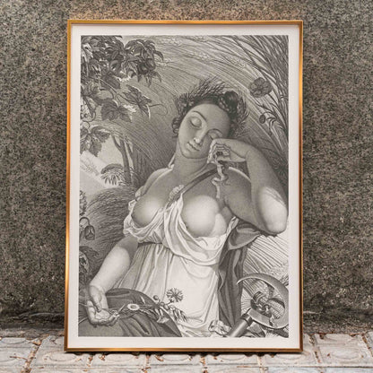 Sleeping Woman by Salvatore Tresca serene woman sleeping in a lush natural setting with flowers and wheat poster, framed and displayed in home decor