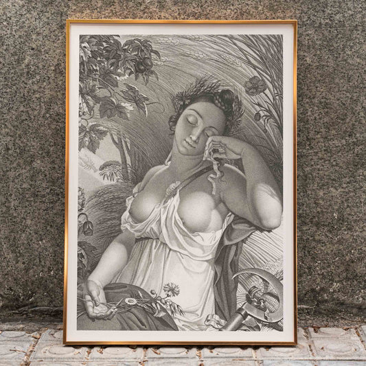 Sleeping Woman by Salvatore Tresca serene woman sleeping in a lush natural setting with flowers and wheat poster, framed and displayed in home decor