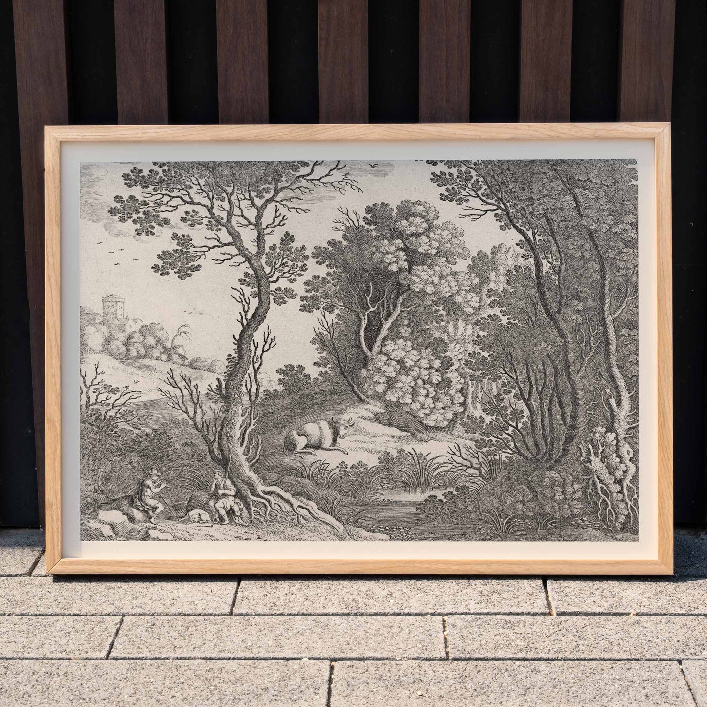 Mercury playing the flute in a detailed forest landscape with trees animals and natural scenery by Willem van Nieulandt poster, framed and displayed in modern living room decor