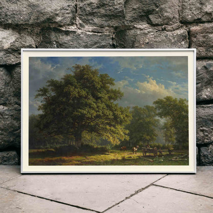 Pastoral landscape poster of The Bentheim Forest by George Andries Roth showing lush green forest large trees and people working with horses, framed and displayed in modern living room decor