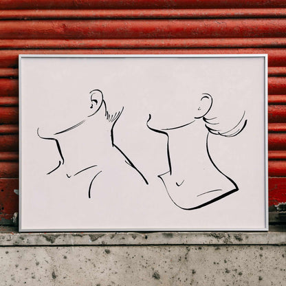 Minimalist ink drawing and line art poster of man and woman necks by Hans Borrebach, framed and displayed in modern living room decor