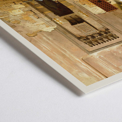 Closeup detail of People and a horse in a sunlit Middle Eastern courtyard from The Courtyard of a house in Cairo by Willem de Famars Testas poster with architectural details