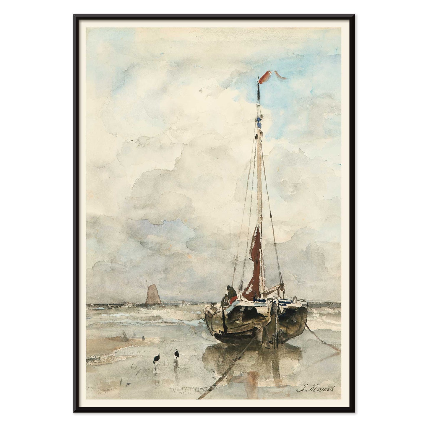 Sail boat on sandy beach under cloudy sky artwork by Jacob Maris poster inspired by Sail boat on the beach, with black aluminium frame on white background