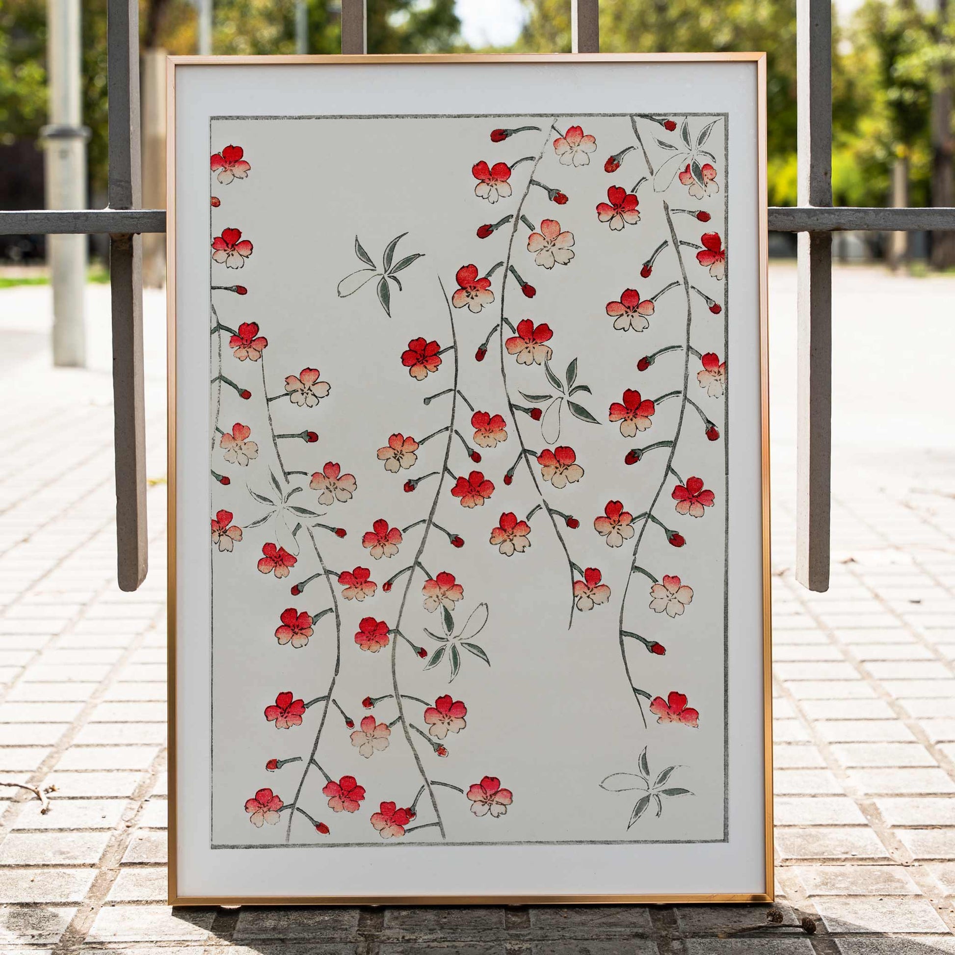 Cherry blossom branches and red flowers artwork by Watanabe Seitei from Bijutsu Sekai Japanese poster illustration, framed and displayed in home decor