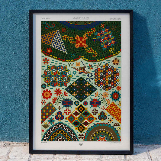 Colorful Japanese pattern artwork by Albert Racinet from Lornement Polychrome featuring intricate geometric and floral designs poster, framed and displayed in home decor