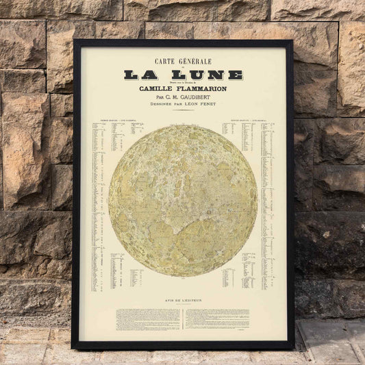 Carte Général de la Lune poster detailed lunar map by Camille Flammarion C M Gaudibert and Léon Fenet, framed and displayed in home decor