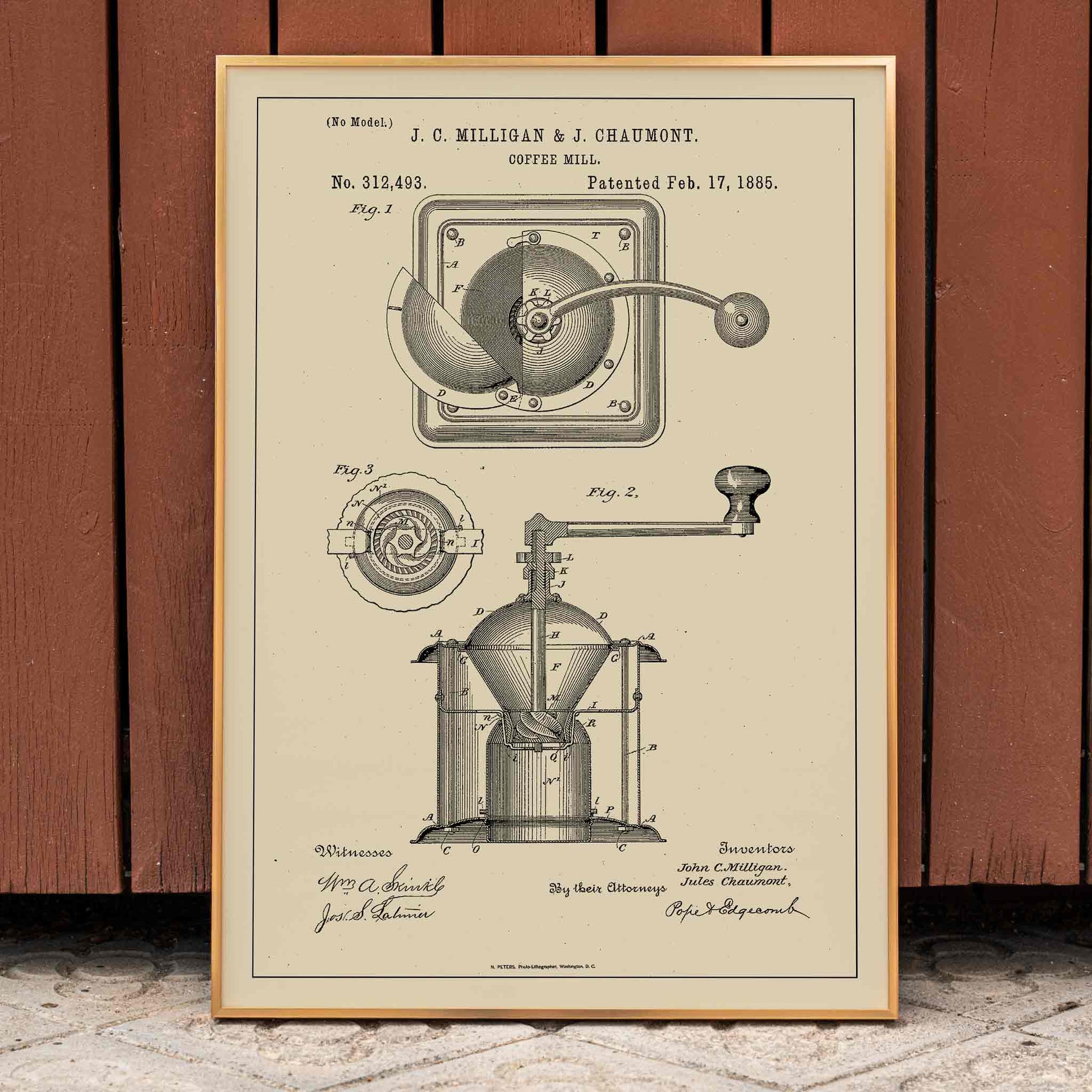 Detailed black and white illustration and patent poster of a mechanical coffee grinder by J C Milligan titled Coffee Mill showing detailed components, framed and displayed in home decor