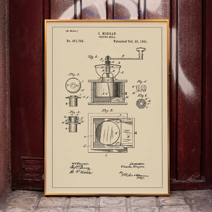 Vintage mechanical drawing and patent sketch of a coffee grinder titled Coffee Mill by C Morgan featuring detailed illustrations and technical specifications, framed and displayed in home decor