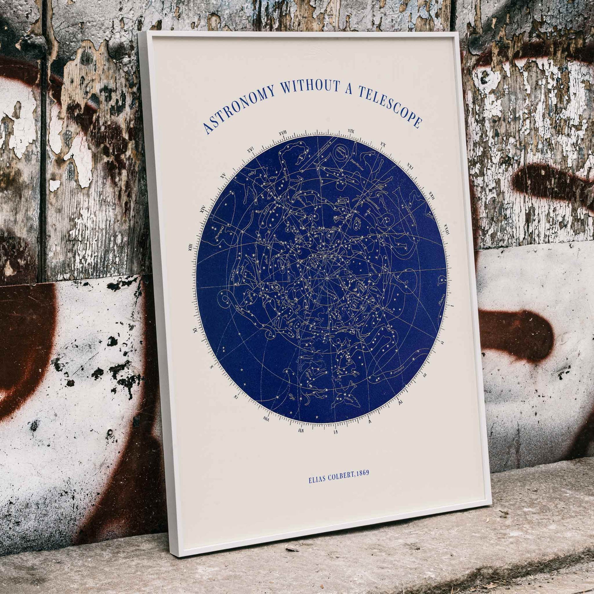 Star map and poster of constellations titled Astronomy without a Telescope by Elias Colbert featuring celestial star chart in blue, framed and displayed in home decor
