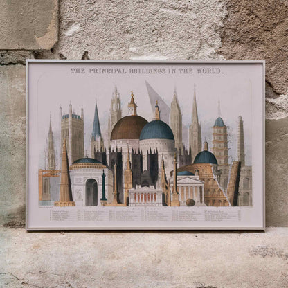Comparative view poster of principal buildings in the world by James Reynolds featuring diverse architectural landmarks and iconic structures, framed and displayed in home decor